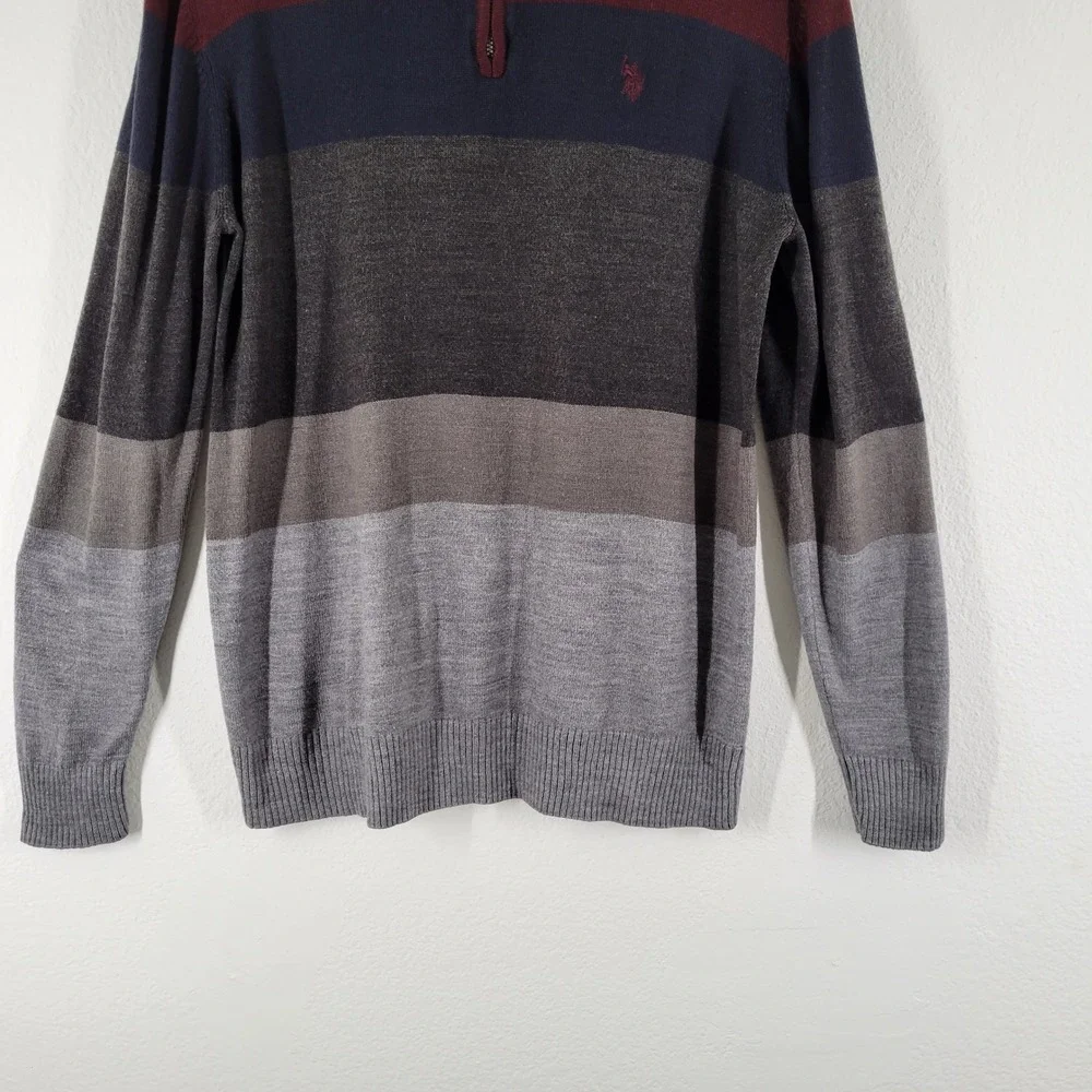 US Polo Assn. Mens Striped Quarter Zip Sweater Burgundy Navy Grey Acrylic Small - Picture 4 of 11